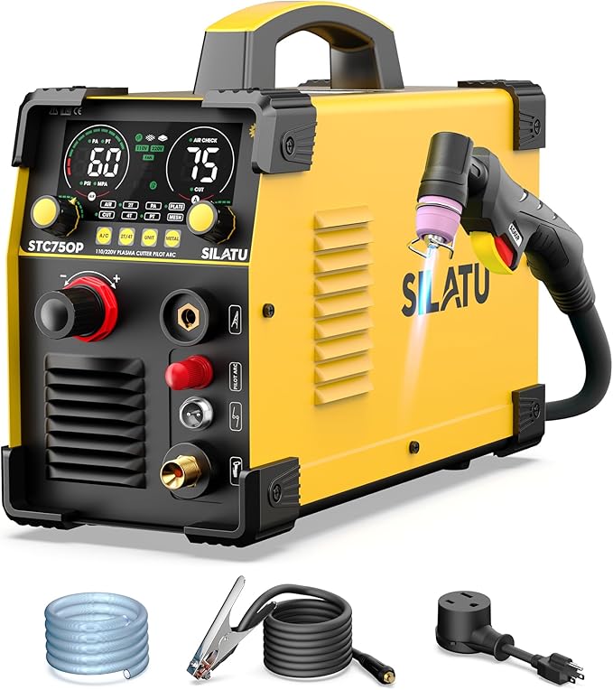 SILATU 75Amps Plasma Cutter, STC750P HF Non-Touch Pilot Arc Plasma Cutter Machine, 110/220V Dual Voltage Large LED Display Air Sensor Technology, 1'' Max Cutting Thickness, PT/2T/4T for Beginners DIY