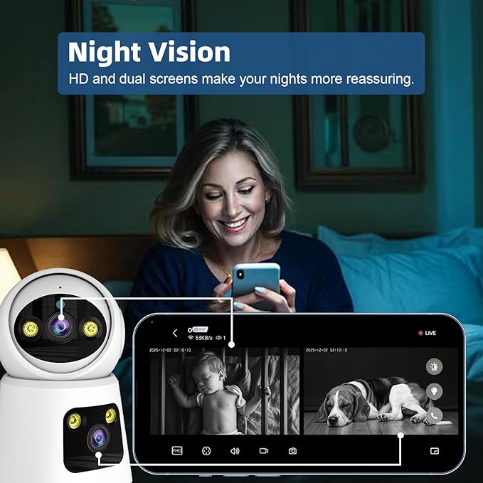 4MP Dual Lens Indoor Security Camera, 360° Pan/Tilt Baby & Pet Monitor, 2.4G/5G WiFi, Motion Tracking, 24/7 Cloud/SD, 2-Way Audio, Works with Mobile App & PCs