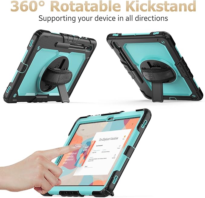 SEYMAC stock Case for Samsung Galaxy Tab S7 FE / S8 Plus 5G Case 12.4'' with Screen Protector Pencil Holder [360 Rotating Hand Strap] &Stand, Drop-Proof, SkyBlue/Black