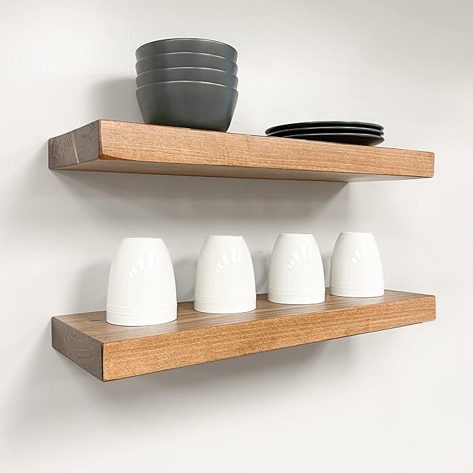 URBANDI, Rustic Floating Shelves, Set of 2, Hidden Bracket, Solid Wood, Heavy Duty, Wall Mounted Shelves, (Brown, 60Wx6D)