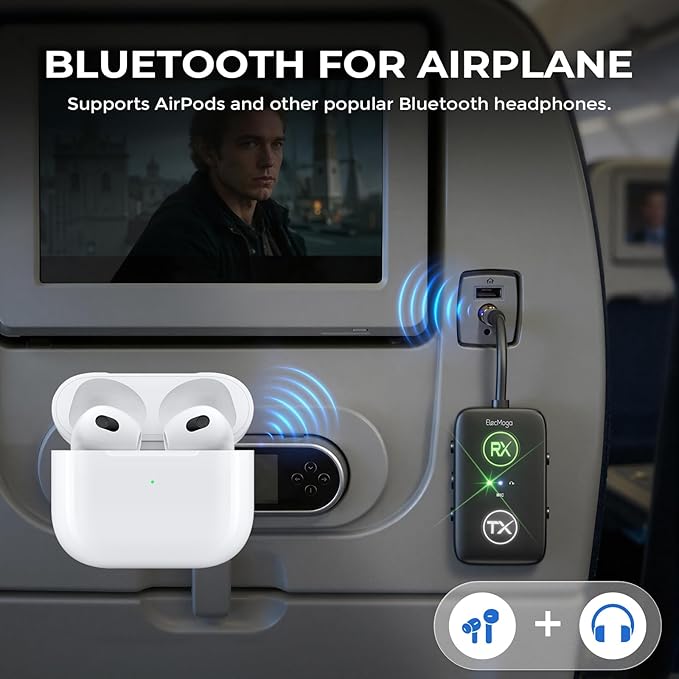 2025 Upgraded Airplane Bluetooth 5.4 Transmitter with Qualcomm Chipset, ElecMoga Airplane Travel Essentials Supports 2 AirPods or Headphones, 2-in-1 AUX Wireless Receiver for Gym, TV, Car, Audio
