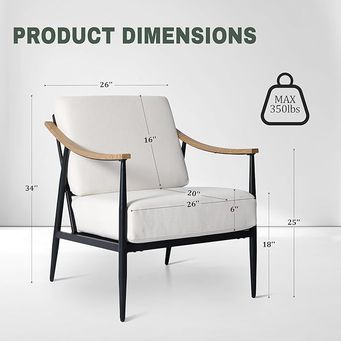 Modern Accent Chairs Set of 2 for Living Room Bedroom Mid Century Arm Chairs Upholstered Office Accent Chairs Comfy Waiting Room Chairs with Metal Frame, Cream White