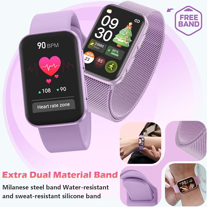 MorePro Health Fitness Tracker with Blood oxy-gen Monitor and 24/7 Heart Rate and Blood Pressure, Sleep Monitor, 120+ Sport Modes Waterproof Fitness Watch for Women Men Android iOS, Orchid Purple