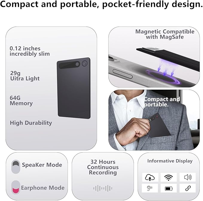 AI Voice Recorder, Transcription, Summary, Mind Map with AI Technology Support 128 Languages, 64GB Magnetic Case Audio Recorder for Lectures, Meetings, Calls