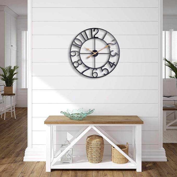 BEW 24 Inch Metal Clock, Large Cut-Out Farmhouse Decorative Wall Clock Battery Operated, Silent Non-Ticking Indoor Outdoor Iron Wall Clock for Living Room, Patio