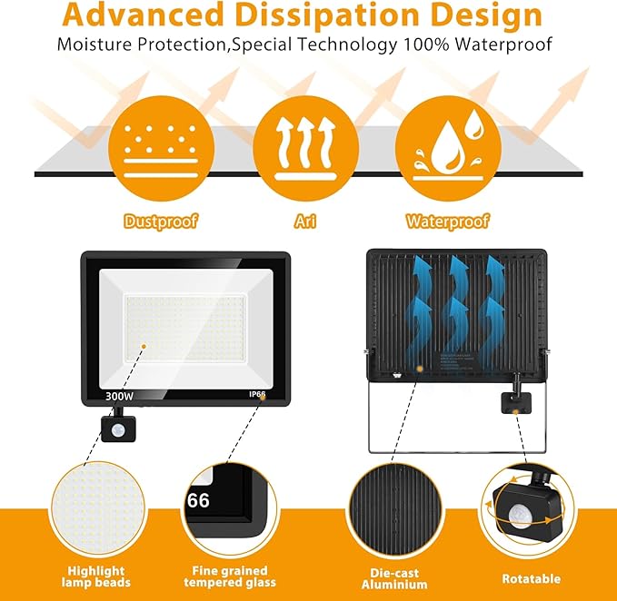 2 Pack 300W LED Motion Sensor Flood Light,LED Work Light with Plug,Super Bright IP66 Waterproof Floodlight Outdoor 43500 lumens 5000K Daylight Dusk to Dawn Security Light for Garage,Front Porch