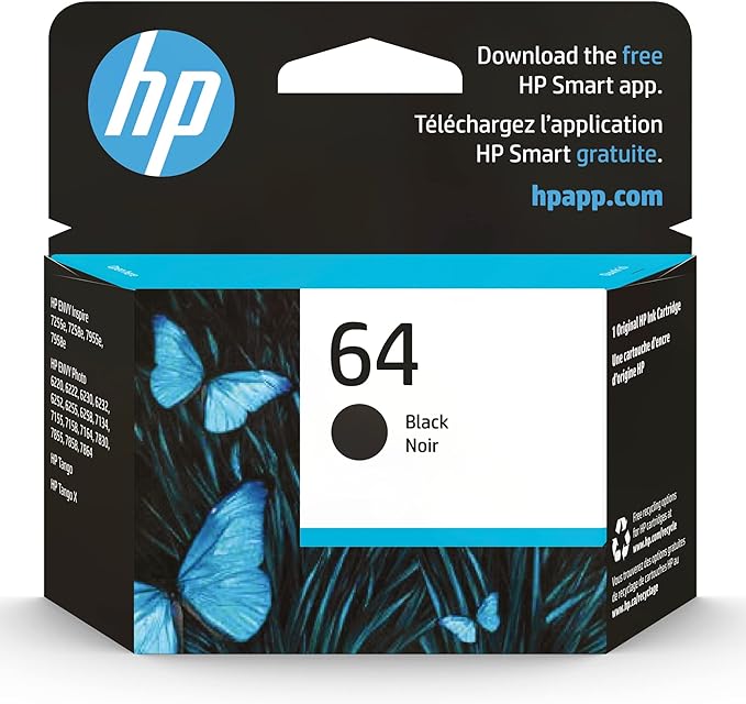 HP 64 Black Ink Cartridge | Works with Envy Inspire 7250e, 7950e; Envy Photo 6200, 7100, 7200, 7800, 7900; Tango Series | Eligible for Instant Ink | N9J90AN