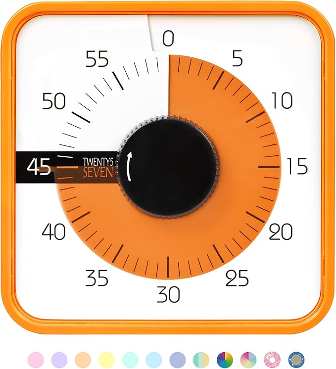 TWENTY5 SEVEN Countdown Timer 7.5 inch; 60 Minute 1 Hour Visual Timer â Classroom Teaching Tool Office Meeting, Mechanical Countdown Clock for Kids Exam Time Management Magnetic, Orange