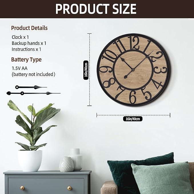 Maxstar Wall Clock for Living Room,Silent Rustic Farmhouse with Arabic Numeral, Battery Operated Wall Clocks Decorative for Bedroom Office Home Decor 16inch Black