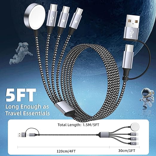4 in 2 Charging Cable for Apple iWatch Charger with 3 Type-C Ports, Travel Essentials USB C Splitter Multi Charging Cable/Cord for iWatch Ultra/SE/10-1, iPhone17 16 15 14, Android, More -1Pack 5FT