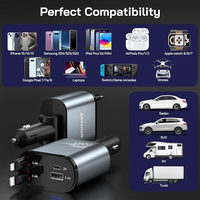 [2 Pack] Retractable Car Charger 4 in 1 Fast Car Phone Charger 69W, USB C Car Truck Accessories Adapter with 2X Retractable Phone Charger Cords and USB Port for i Phone 16/15/14/13,for Samsung S25/S24