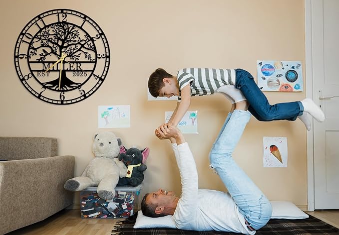 Personalized Tree of Life Large Wall Clock, Custom Wall Clock with Family Last Name and Established Date, Silent Metal Clocks, Regular Numerals Clock, Housewarming Gift