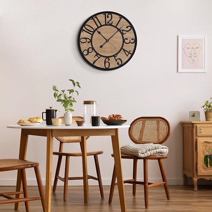 Maxstar Large Wall Clock for Living Room,Metal & Wood Silent Rustic Farmhouse with Arabic Numeral, Battery Operated Wall Clocks Decorative for Bedroom Office Home Decor 32inch Black