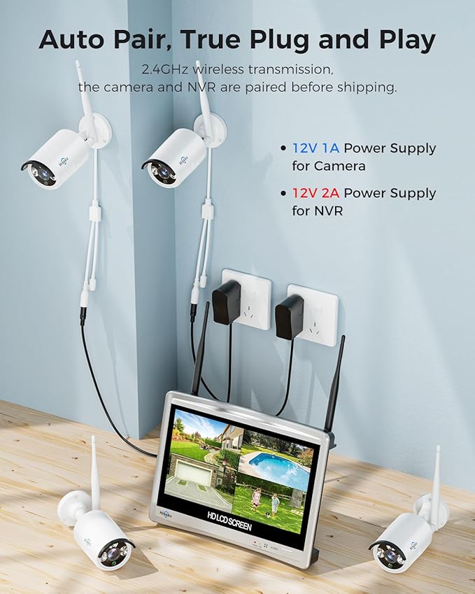 [16CH Expandable] Hiseeu Home Security System, 2.4G/5G Wireless WiFi Pro, 4K NVR with 12" LCD Monitor, 5MP Plug-in Powered Outdoor Bullet Cameras, 24/7 Recording, 3TB HDD, Night Vision, IP65