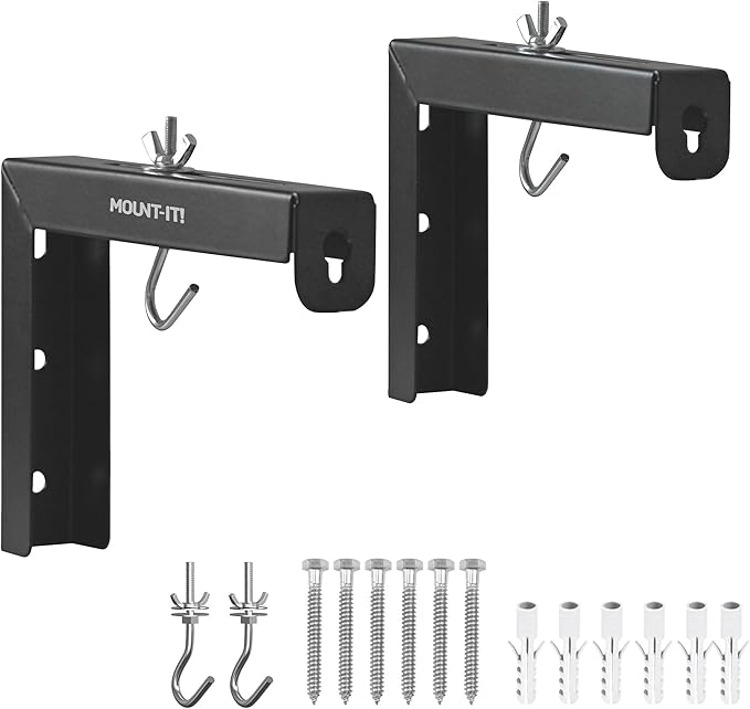 Mount-It! Projector Screen Wall Mount L-Brackets - Wall Hanging Bracket For Home Projector and Movie Screens, 6 inch Adjustable Mounting Hooks for Projection Screen, 1 Pair, Black, 66 Lb Capacity Each