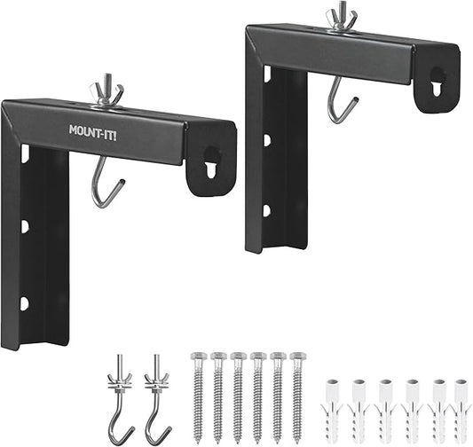 Mount-It! Projector Screen Wall Mount L-Brackets - Wall Hanging Bracket For Home Projector and Movie Screens, 6 inch Adjustable Mounting Hooks for Projection Screen, 1 Pair, Black, 66 Lb Capacity Each