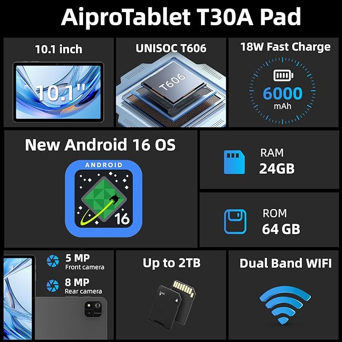 Tablet 10 inch, Android 16 Tablet, Octa-Core Processor, 24GB RAM 64GB ROM 2TB Expand, 1280x800 HD Touchscreen, GPS, WiFi 5, Dual Camera, BT5.0, 6000mAh, Widevine L1