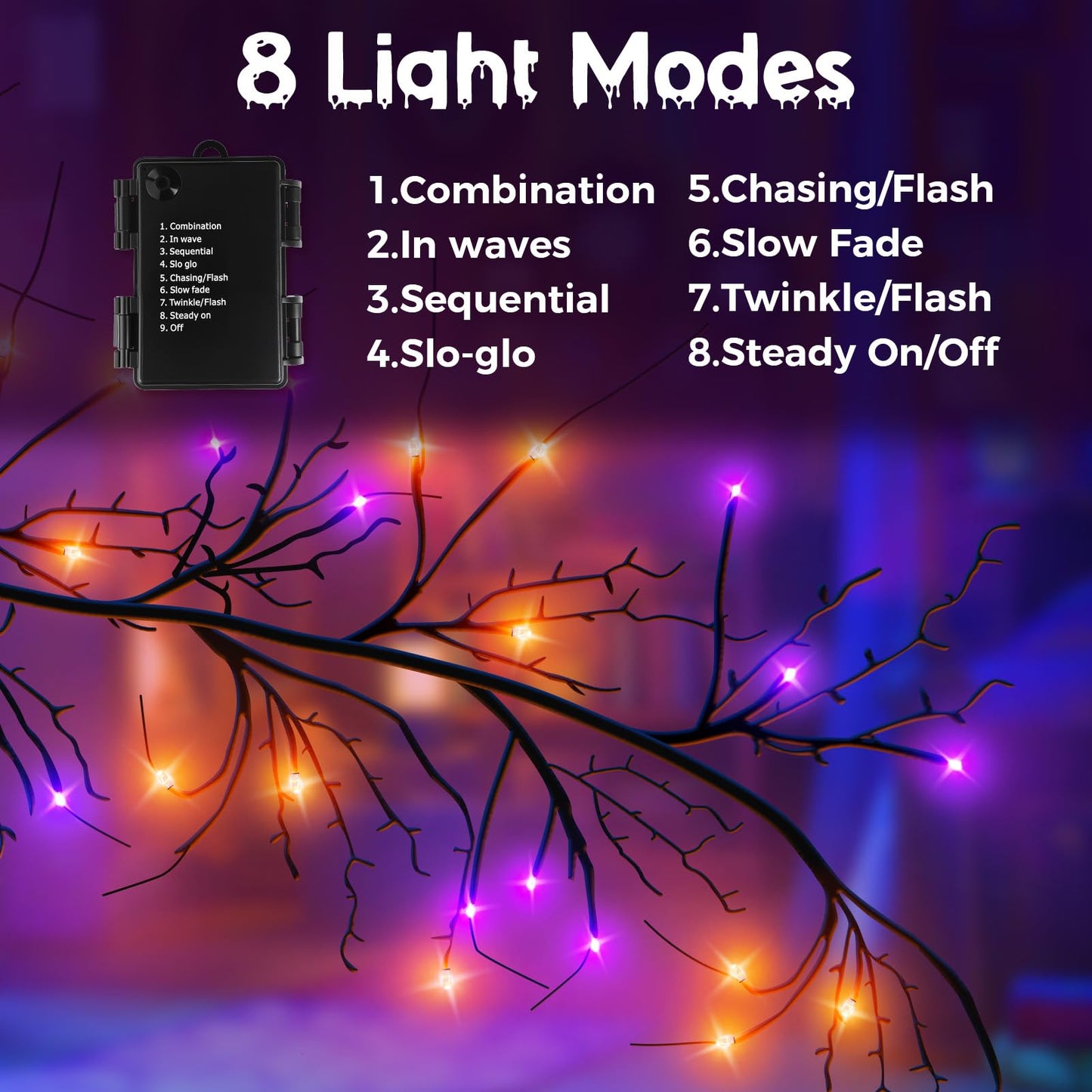 CL FUN Halloween Willow Vine Twig Lights - 6ft Battery Operated Waterproof String Light, 54 LED, Orange & Purple