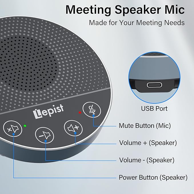 USB Speakerphone,Conference Microphone for Home Office, Omnidirectional Desktop PC Speaker with 360° Voice Pickup, Noise Cancelling, Plug & Play for Zoom/Teams/Skype, Webinar,Online Classes