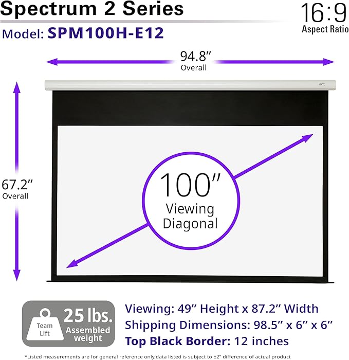 Elite Screens Spectrum2, 100-inch 16:9, 12-inch Drop, Electric Motorized Drop Down Projection Projector Screen, SPM100H-E12