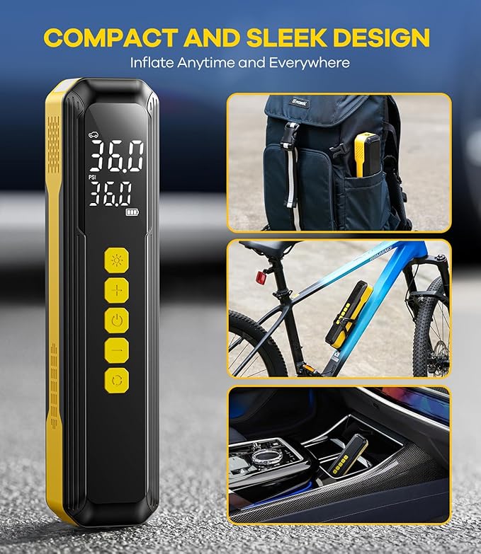 Tire Inflator Portable Air Compressor, 150 PSI Faster Cordless Air Pump for Car Tires, Electric Bike Tire Pump with Digital Pressure Gauge, LED Light for Motorcycle, Bicycle, Ball