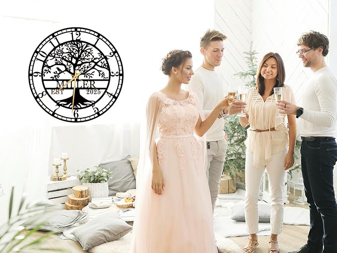 Personalized Tree of Life Large Wall Clock, Custom Wall Clock with Family Last Name and Established Date, Silent Metal Clocks, Regular Numerals Clock, Housewarming Gift