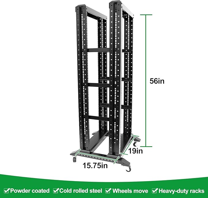 27U Server Rack/4-Post 19in Network Rack/Open Frame Rack with Wheels, Heavy-Duty Frame Cabinet/Adjustable Depth 15.75-13.75in GLOBALRACK(4POST-600-27U)
