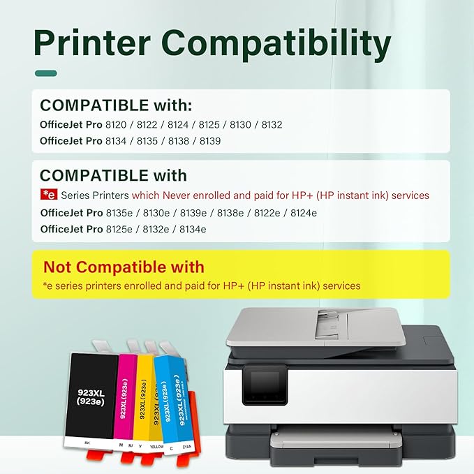 923e 923 923XL Ink Cartridges Combo Pack: Replacement for HP 923XL 923 Ink Cartridges for Printers OfficeJet Pro 8130e 8135e 8138e 8125 8120 8122 8124 (4 Pack Black Cyan Yellow Magenta with Chip)