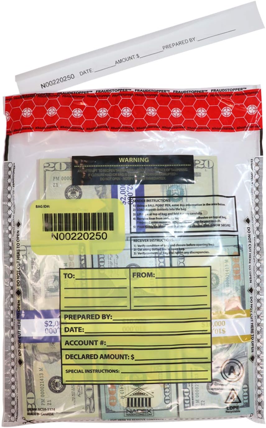 Nadex 9 x 12 Inch Tamper Evident Bank Deposit Bags with FRAUDSTOPPER Level 4 Security, 1000 Pack (Clear)