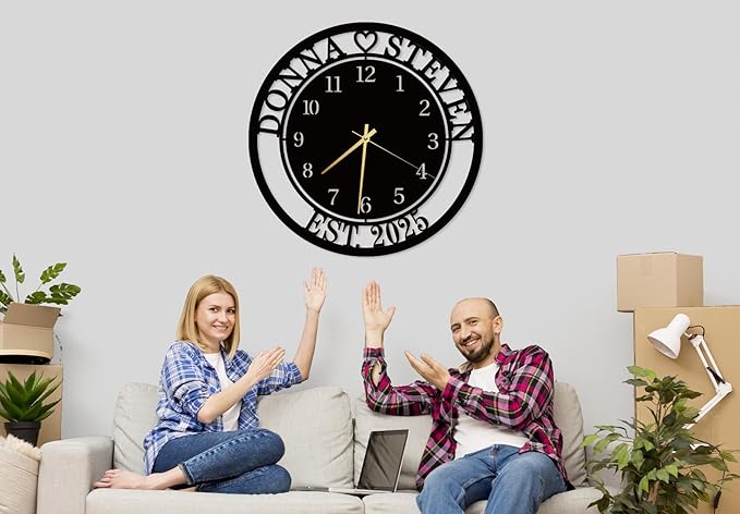 Custom Large Last Name and EST Large Metal Wall Clock, Personalized Metal Family Name Clocks, Silent Clock for Wall, Love Theme Clocks Sign, Living Room Decor, Housewarming Gift