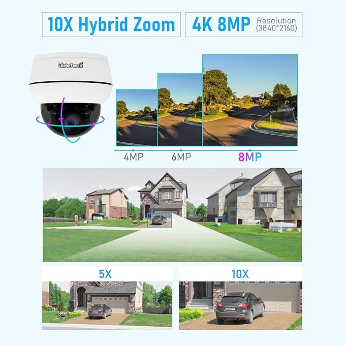 JideTech 10X Hybrid Zoom Outdoor 4K PTZ PoE IP Dome Camera, Auto Tracking, Pan Tilt Security Camera with IR Night Vision, Human/Vehicle Detection, Two Way Talk, SD Card Slot,IP66, for Onvif NVR
