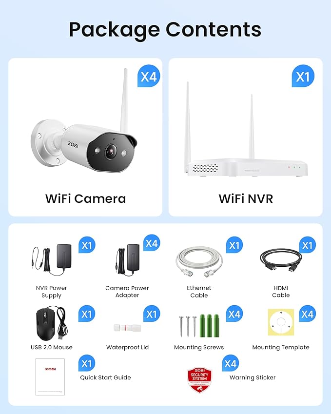 ZOSI 2K Wi-Fi 6 Security Camera System,4pcs 3MP Plug-in Metal WiFi Cameras Indoor Outdoor,AI Person Detection,Color Night Vision,2 Way Audio,8CH 4K NVR with 64GB Memory Card for Motion Recording