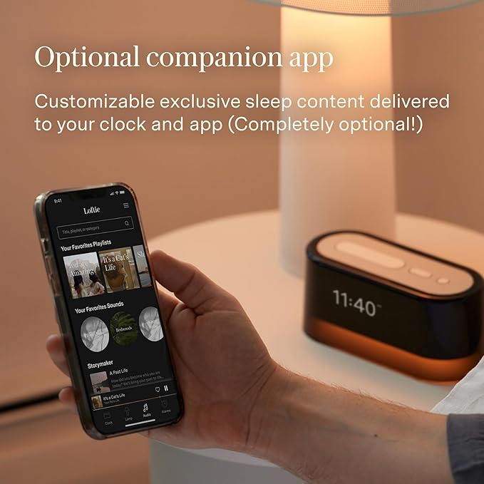 Loftie Alarm Clock with Sound Machine – Smart Alarm Clock with Light, White Noise, Bluetooth Speaker, Night Light Sound Machine, 100+ Sounds, Blackout Mode, No WiFi Mode, Optional Subscription - Black