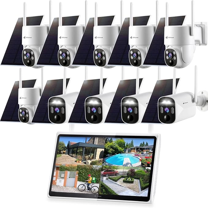 Kittyhok Solar Security Camera Outdoor System, Wireless Solar Powered Security Camera, Human Detection,10CH NVR with Monitor, KSTB40T4 Bundle with 2K PT Solar Camera Security Outdoor BY4