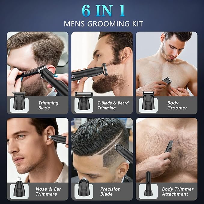 Beard Trimmer for Men Professional with Hair Clippers, 6-in-1 Cordless Hair Trimmer Set, IPX6 Waterproof Mens Grooming Kits Electric Razor for Face,Mustache,Body,Ear,Nose,Gifts