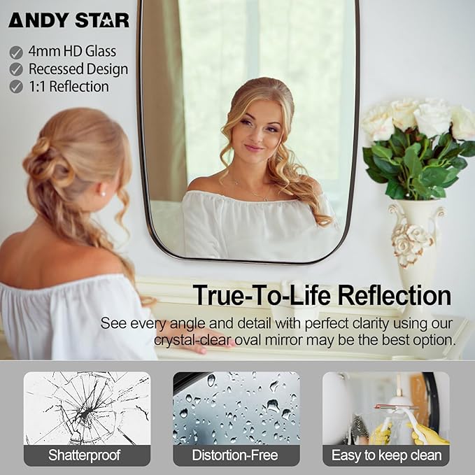 ANDY STAR Brushed Bronze Mirror, 28x36 Inch Stainless Steel Metal Frame Oblong Bathroom Mirror for Vanity, 1’’ Deep Wall Mounted Vertically/Horizontal