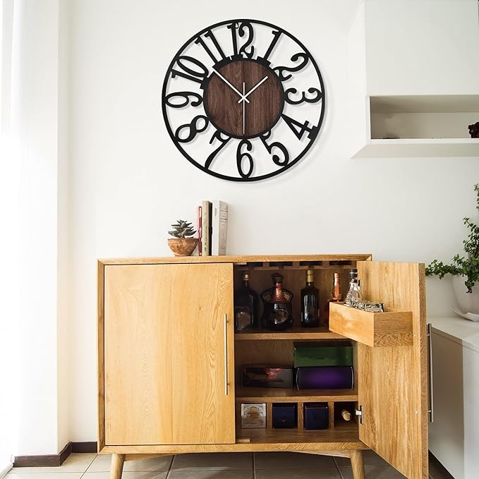 LEIKE Large Wall Clocks,Silent,Non Ticking,Battery Operated Big Retro Round Modern Wood Wall Clock for Living Room, Bedroom,Dinning Room,Farmhouse,Office,Home Decor-20 Inch(Black-Arabic Number)