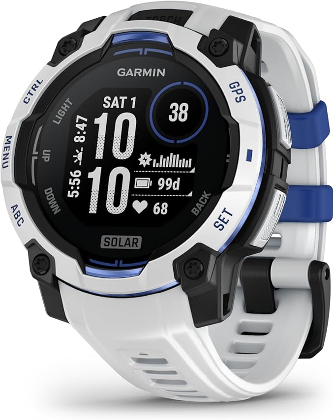 Garmin Instinct® 3 – 45 mm, Solar, Rugged Outdoor GPS Smartwatch, Built-in Flashlight, Supernova Collection Limited Edition Color, Whitestone with Whitestone/Bolt Blue Silicone Band