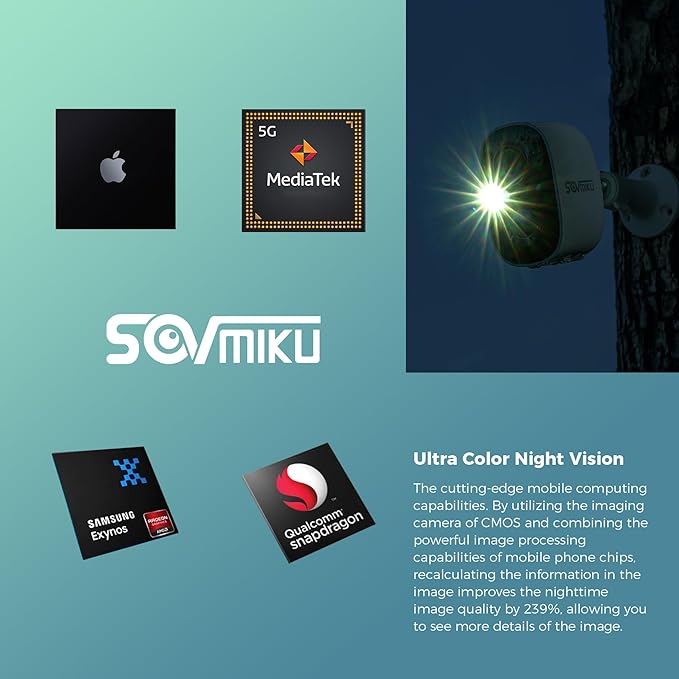 SOVMIKU 4CG6 Best 2K Solar Security Camera Wireless Outdoor, Battery Powered Camera, Easy to Setup, Motion Detection, Two Way Audio, Audible Flashlight Alarm,2.4GHz Wi-Fi, Color Night Vision, SD Slot
