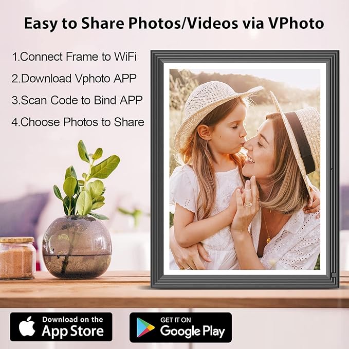 Large Digital-Photo-Frame Wi-Fi Picture Frame - 15" 32GB Smart Photo Frame with Remote Control (No Touch Screen), Full Function, Share Photo Video via App Email, Fee Cloud, Wall Mounted for Home Decor