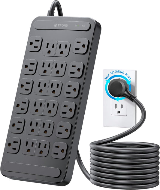 TROND Surge Protector Power Strip 360Â° Rotating Flat Plug, 24 AC Outlets, 4000 Joules, 6ft Heavy Duty Extension Cord 1875W, ETL Listed, Ideal for Gaming Office Home Dorm Room Essentials Black