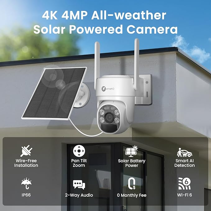 xmartO QHD Wire-Free Solar Security Camera Outdoor/Indoor Wireless, 5G Dual Band WiFi6, Pan Tilt Zoom, Long-Lasting Solar Battery Home Camera