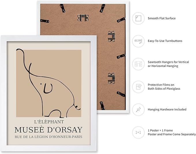 Poster Master Vintage Poster - Retro Minimalist Print - Gift for Artist, Housewarming - Elephant, Line Drawing, Sketch, Abstract - Wall Decor for Living Room, Bedroom, 8x10 White Framed