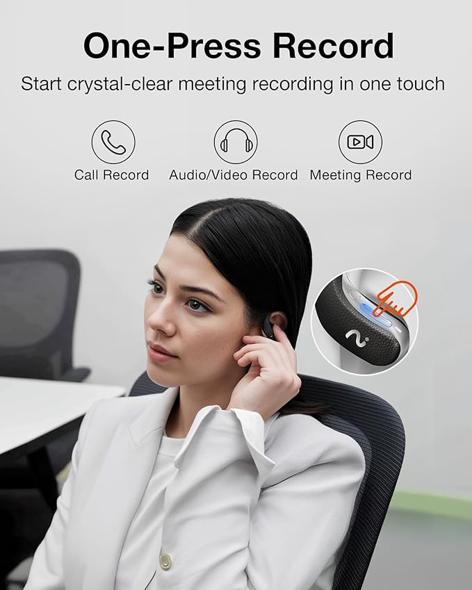 OpenNote AI Voice Recorder – Open Ear Headphones with FlashRecord, Call Recording, Real-Time Transcription, Translation, AI Assistant, for Students, Professionals & Interview Recording, Black
