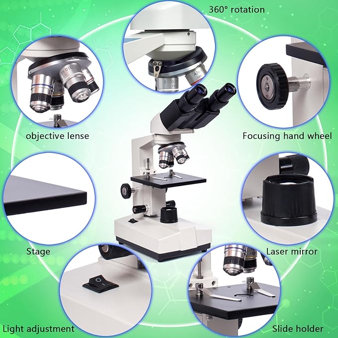 SELFIE CAT Binocular Laboratory Microscope, Binocular Compound Microscope 40X-5000X Magnification Electronic Eyepieces for Adults, Microscopes kit with Wide Field Lab Equipment