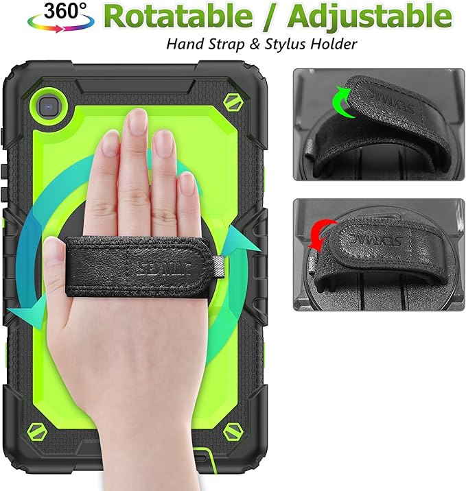 SEYMAC stock Case for Samsung Galaxy Tab A7 Lite 8.7'' with Screen Protector Pencil Holder [360 Rotating Hand Strap] &Stand, Drop-Proof Case for Samsung A7 Lite 2021 SM-T220/T225/T227, Green/Black