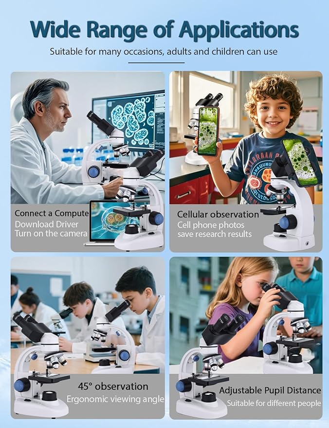 Microscope for Adults WF10x and WF25x eyepieces, 40X-2000X Magnification USB Camera, Microscope for Adults Suitable for Laboratory School Home Education.
