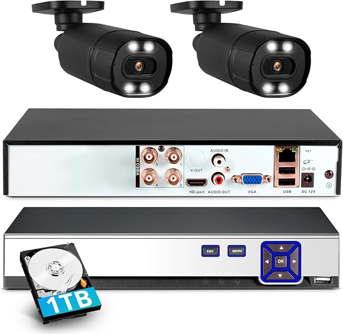 TOWODE 4CH Security Camera System 5MP 4-Channel Hybrid 5-in-1 DVR Security Video Recorder with 2pcs 5MP Cameras with Human Detection, 24/7 Recording Pre-Installed 1TB Hard Drive