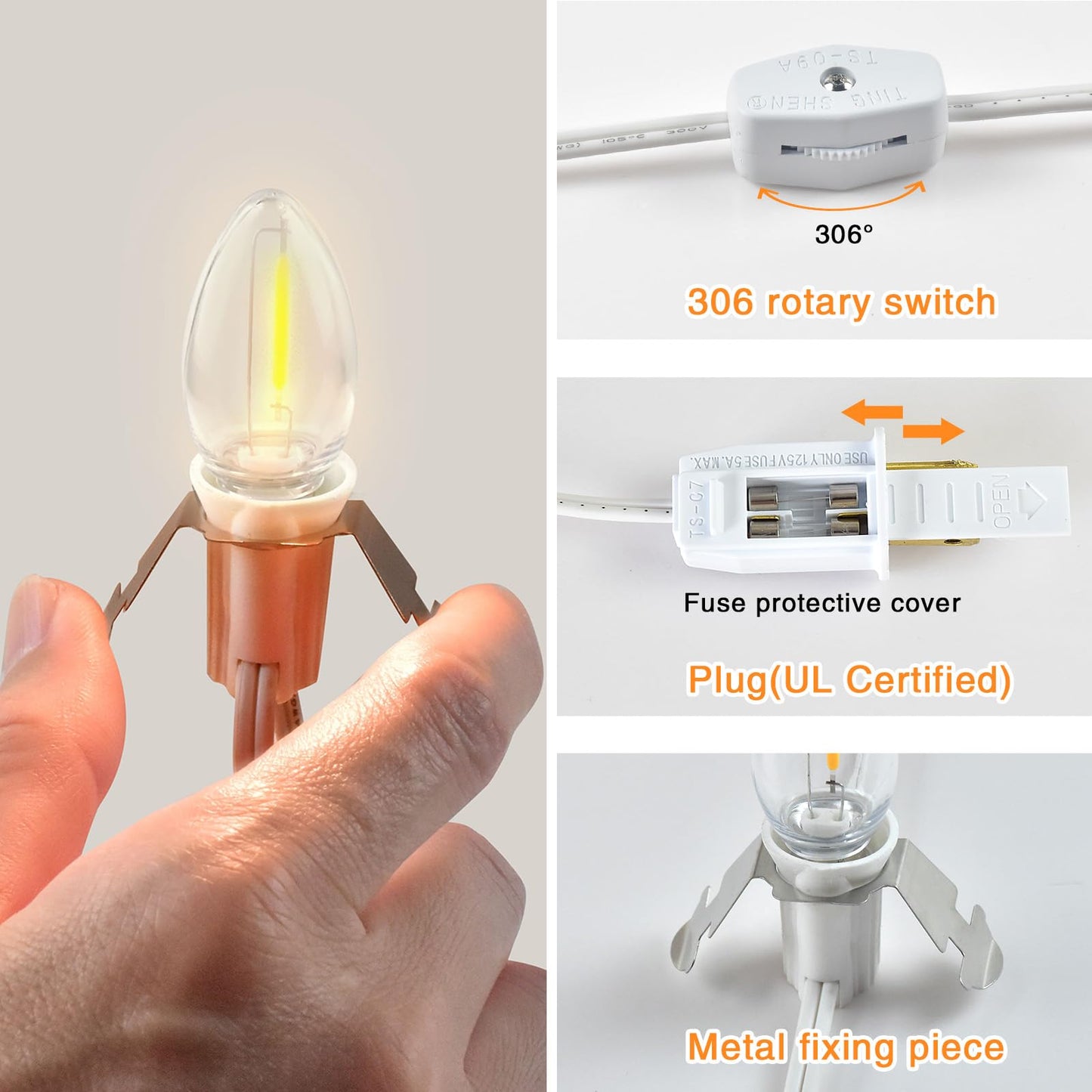 Wltotuay C7 LED Light Bulb Cord Clip Lights, 12 Bulbs, Brass, White, Model 6LED for Christmas and Party Decorations