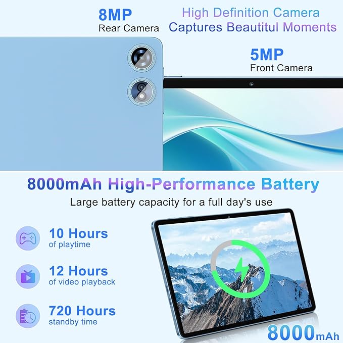 Tablet 10 inch Android 15 Tablets 30GB RAM 128GB ROM 1TB Expand, 8000mAh Octa-Core Tablets with Keyboard Mouse, HD IPS Display, Gemini AI, GPS, 5G WiFi, Widevine L1, Split-Screen - Metal Blue